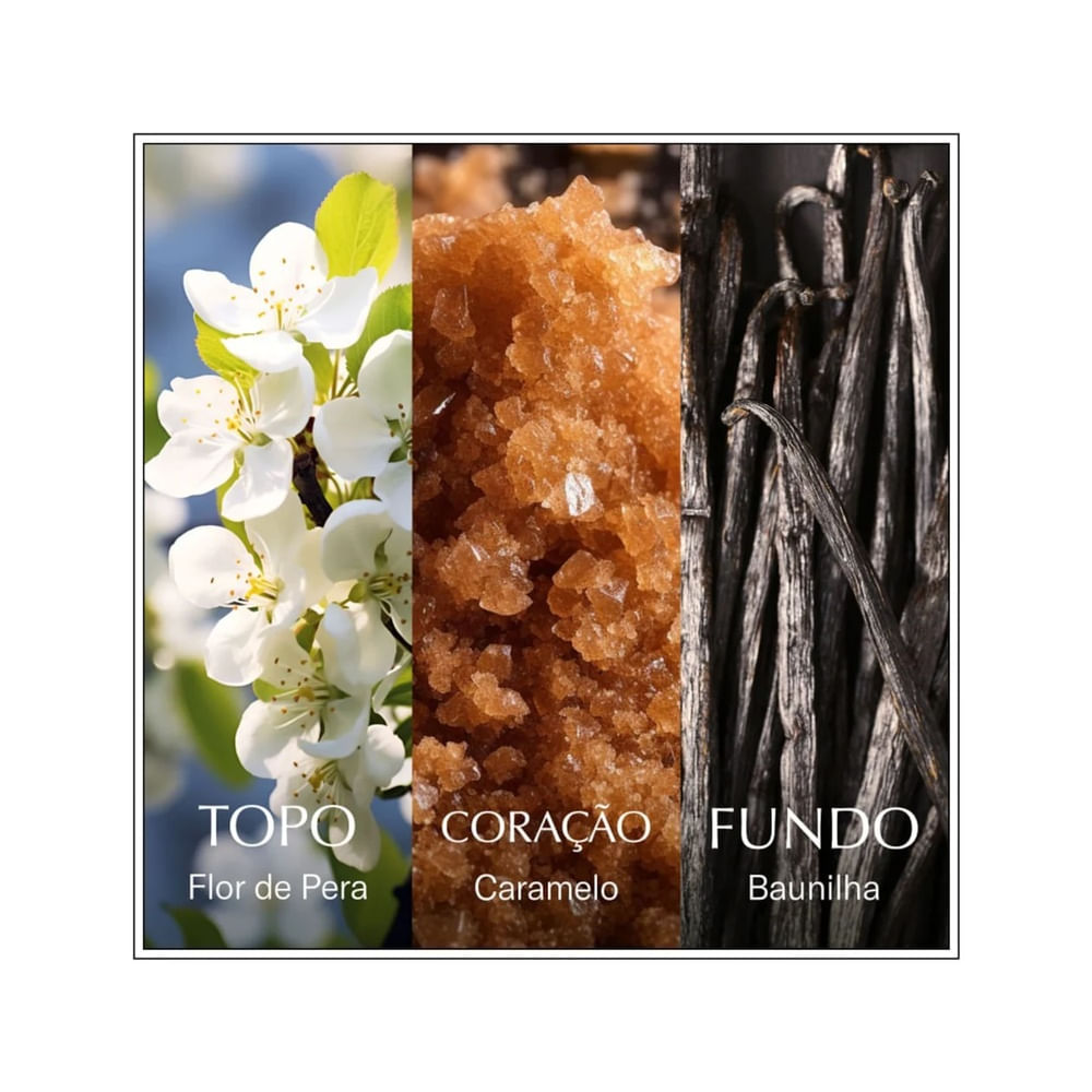 Imagem com notas olfativas do perfume Chanson d'Eau Vanilla: flor de pera, caramelo e baunilha